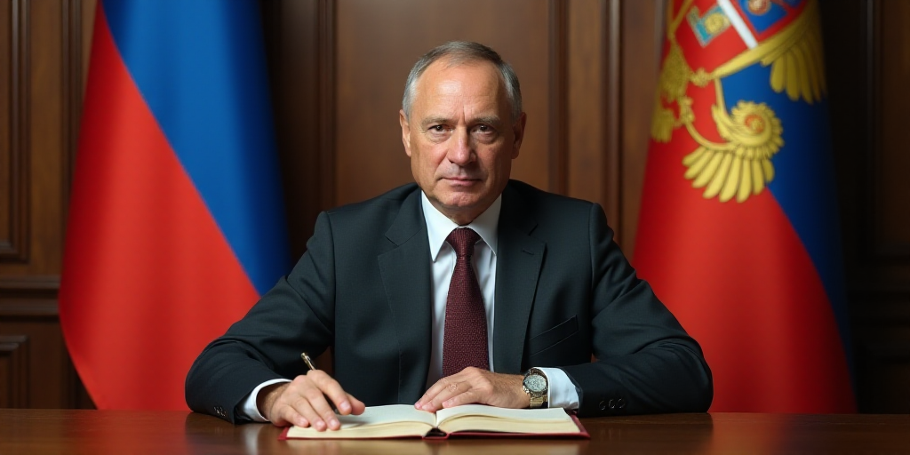 a man in a suit sitting at a table with a book in front of him and a russian flag behind him, Boris