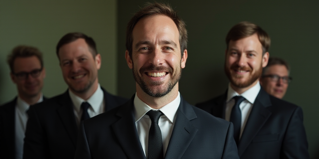 a man in a suit smiling for the camera with other men in the background smiling for the camera with