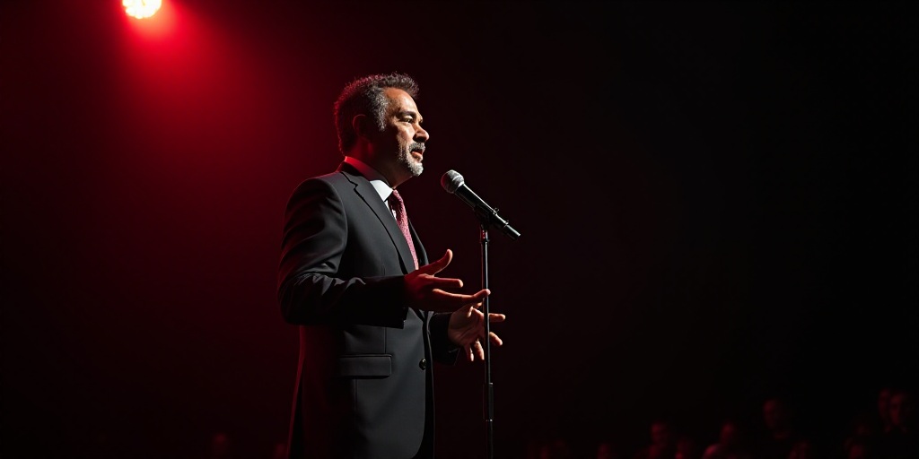 a man in a suit speaking into a microphone on stage with a red light behind him and a black backgrou