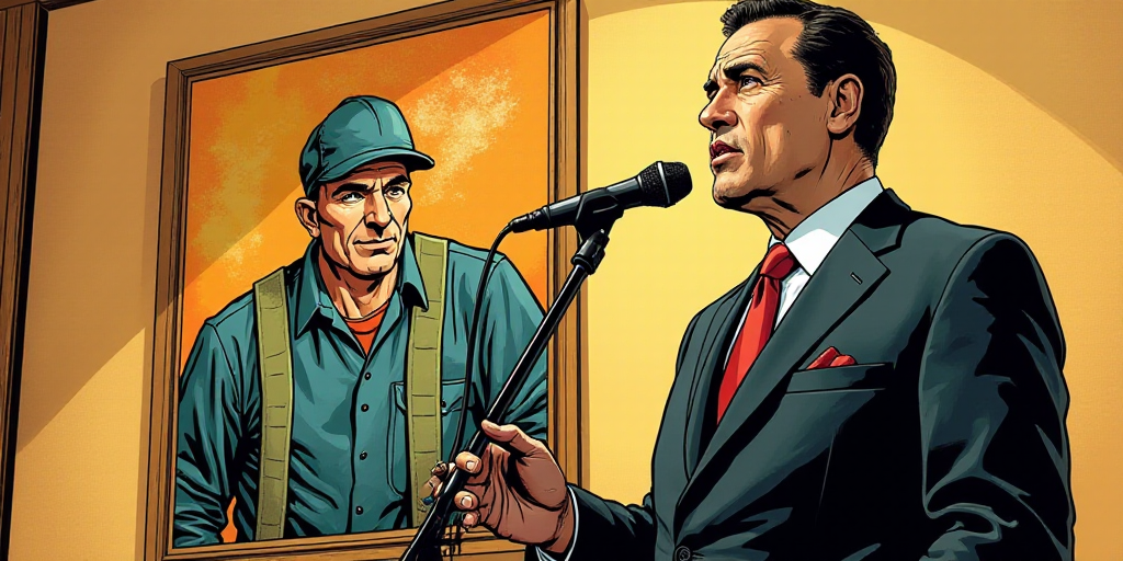 a man in a suit speaking into a microphone in front of a poster of a worker and a worker, Agustín F