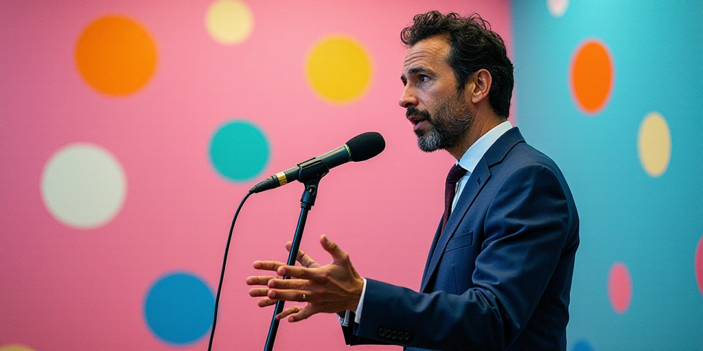 a man in a suit speaking into a microphone in front of a colorful wall with circles on it and a pink