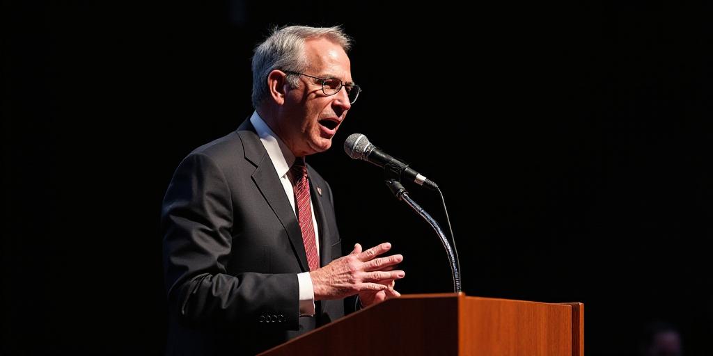 a man in a suit speaking into a microphone at a podium with a microphone in his mouth and a micropho
