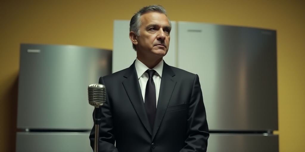 a man in a suit standing in front of a sign with a picture of a refrigerator behind him and a microp