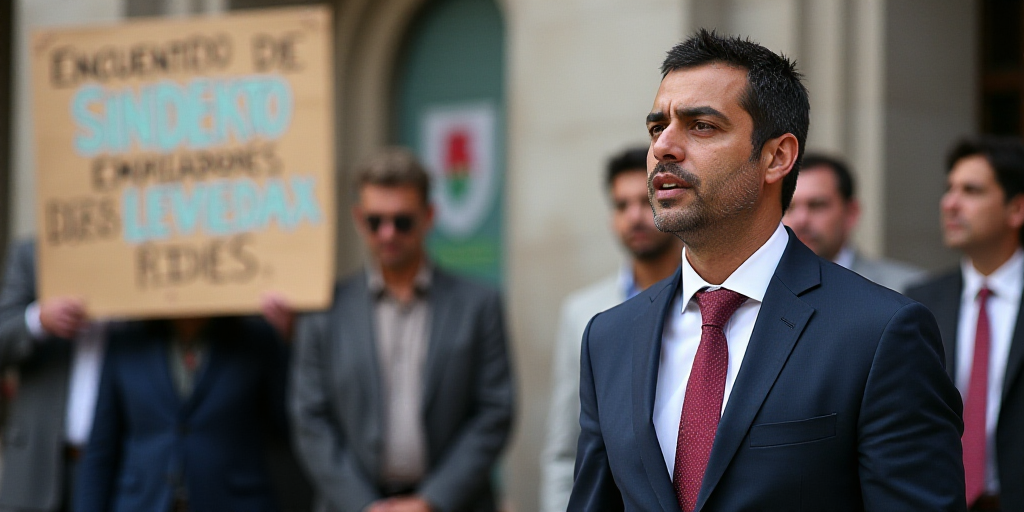 a man in a suit standing in front of a sign that says encuentro de sindicatos empleadores, Eddie Men