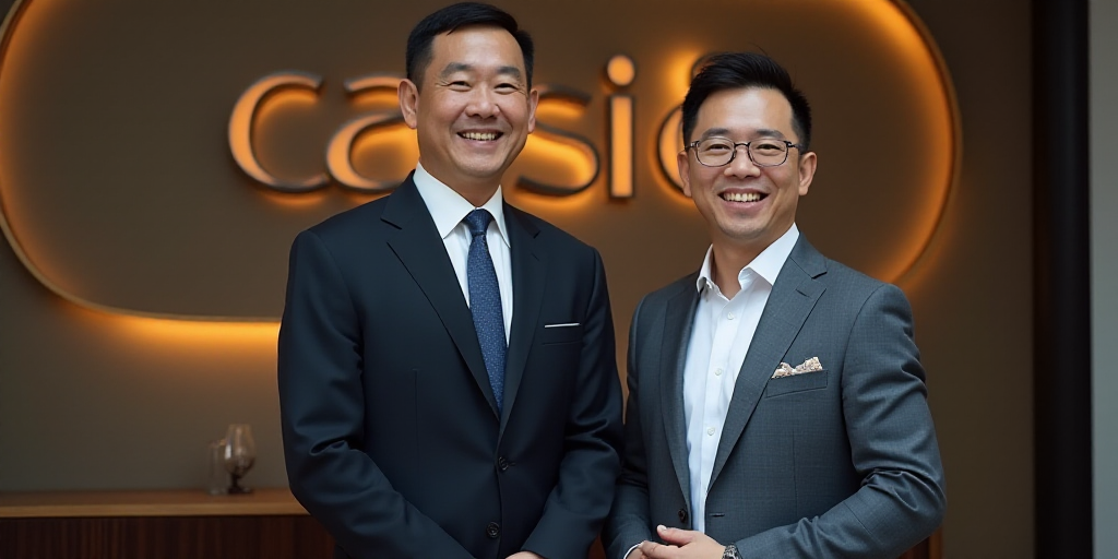 a man in a suit standing in front of a sign that says casio on it and a smiling man in a suit, Cao Z