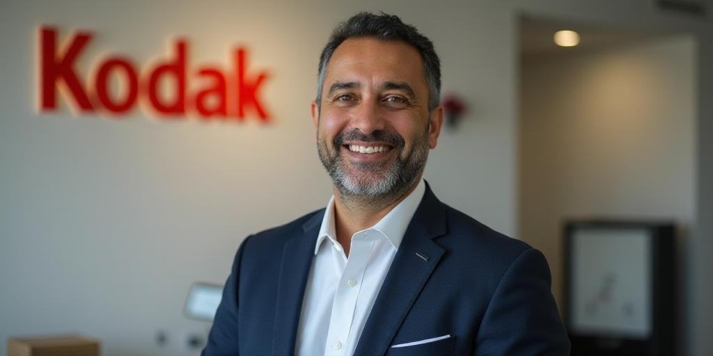 a man in a suit standing in front of a wall with a company logo on it and a smile, Ahmed Yacoubi, ko