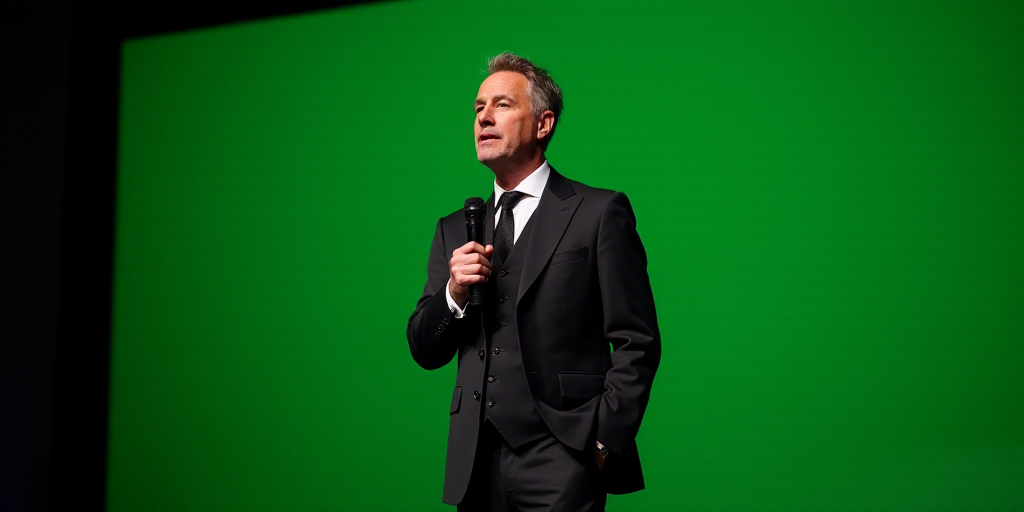 a man in a suit standing on a stage with a microphone in his hand and a green background behind him,