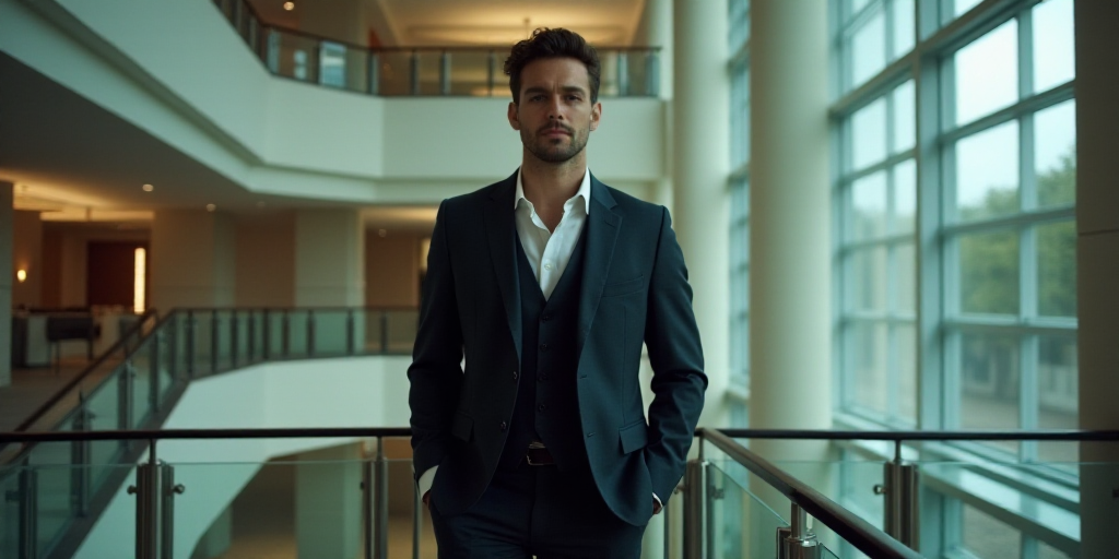a man in a suit standing on a railing in a building with a glass wall and a staircase behind him, da