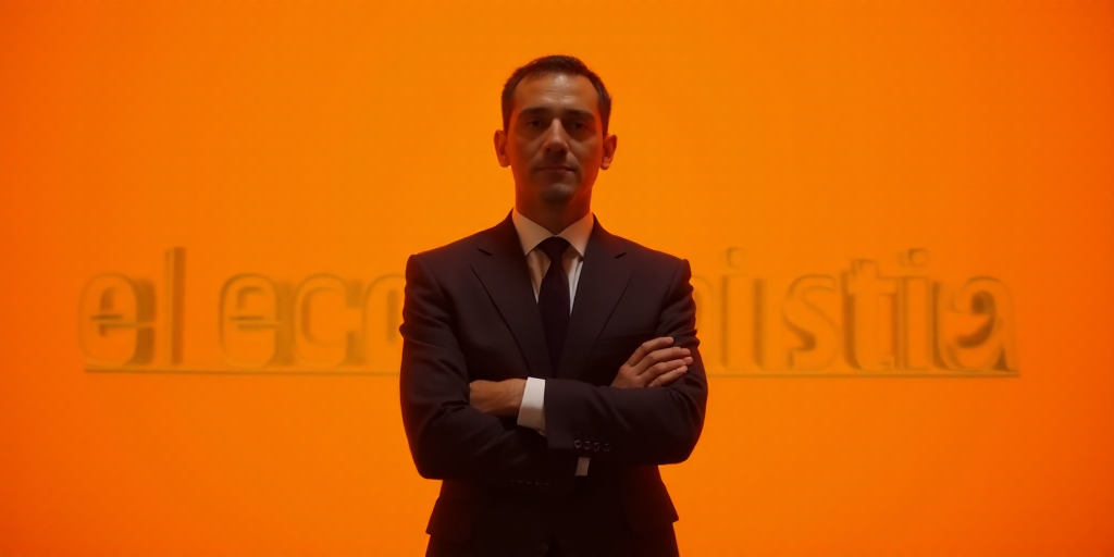 a man in a suit standing with his arms crossed in front of an orange background with the words el ec