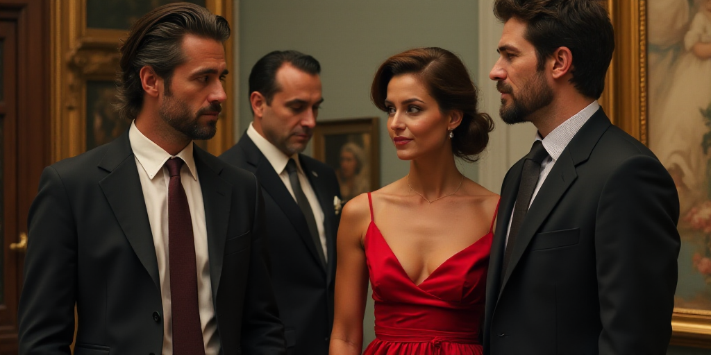 a man in a suit talking to a woman in a red dress and a man in a suit and tie, Eduardo Lefebvre Scov