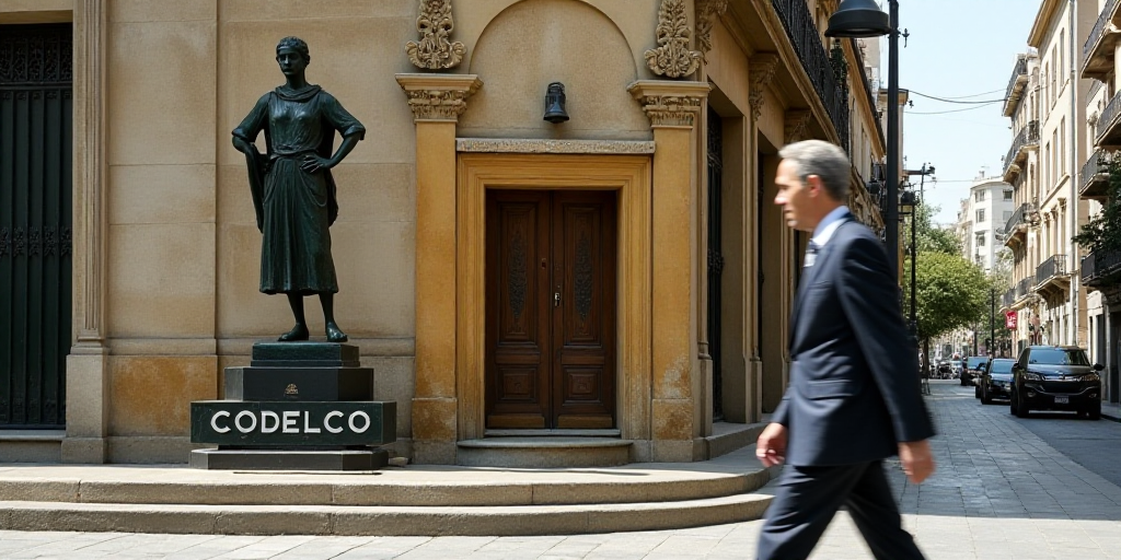 a man in a suit walks past a sign for codelcoo in a city center in mexico, on the outskirts of a bui
