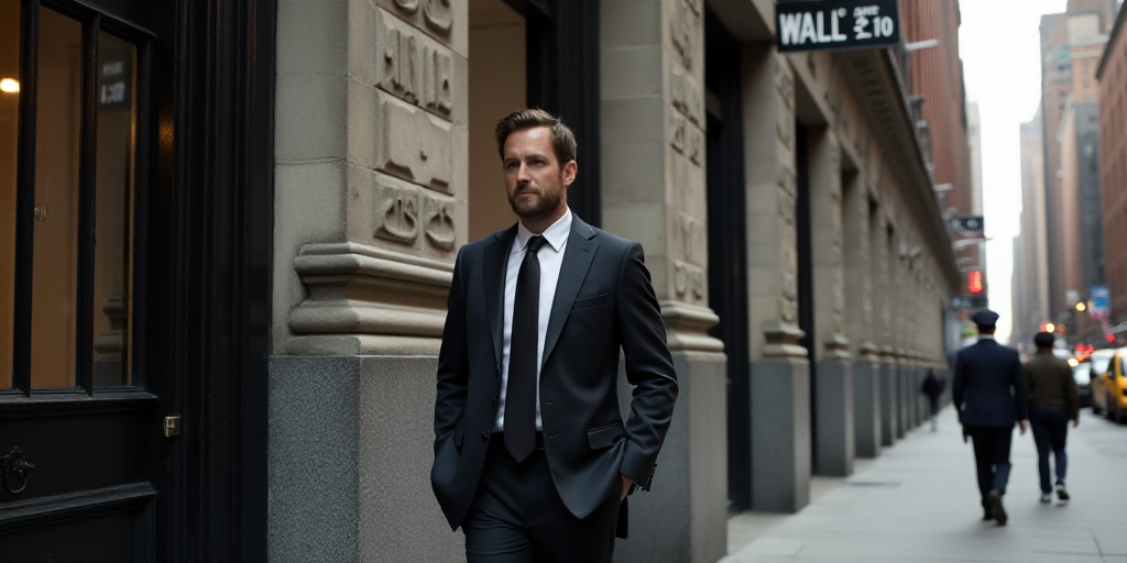 a man in a suit walks past a wall street sign on a building in new york city, ny, Andries Stock, mit