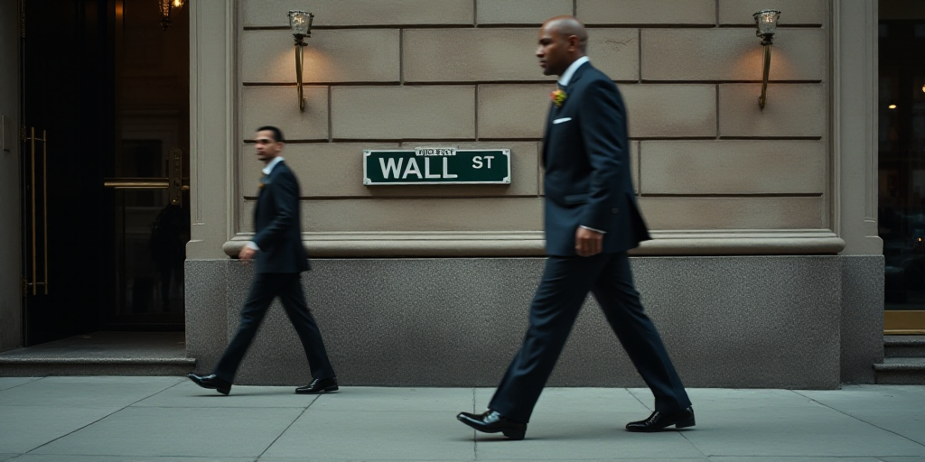 a man in a suit walks past a wall street sign on a building in new york city, new york, Andries Stoc