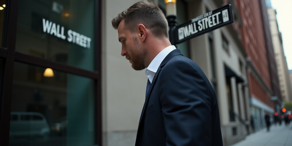 a man in a suit walks past a wall street sign on a building in new york city, new york, Andries Stoc