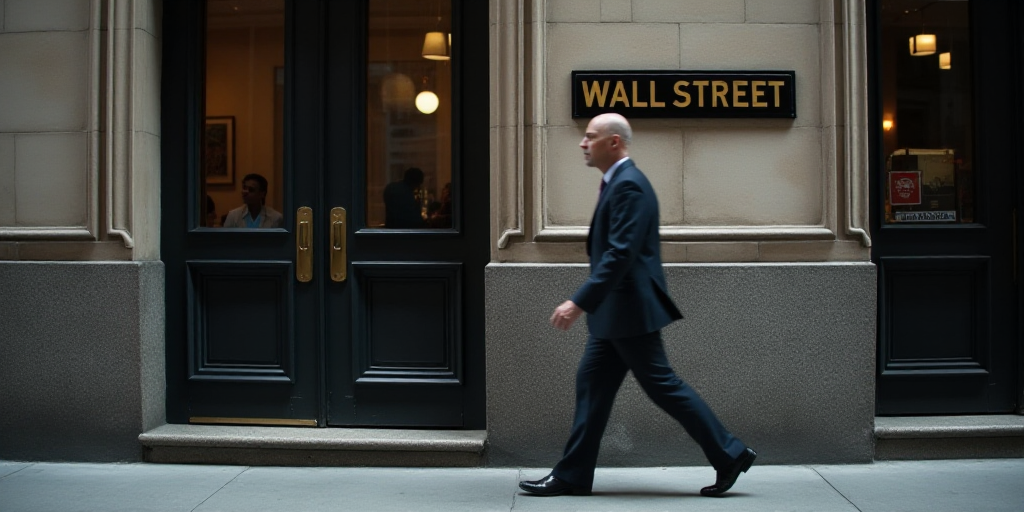a man in a suit walks past a wall street sign on a building in new york city, new york, Andries Stoc