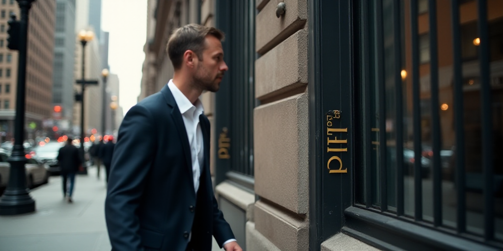 a man in a suit walks past a wall street sign on a building in new york city, new york, Andries Stoc