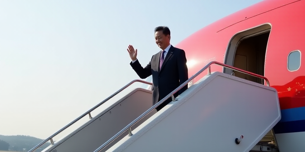 a man in a suit waves from a plane door as he stands on the steps of a plane with the chinese flag o