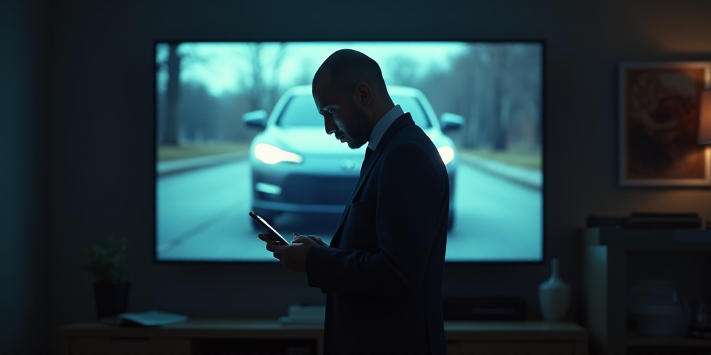a man in a tie is looking at a cell phone in front of a television screen with a car on it, Basuki A