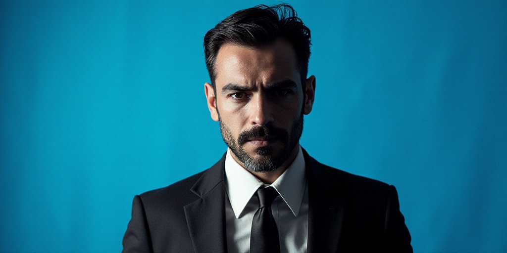 a man in a tie is on a blue background with a black and white photo of him and the caption reads, ro
