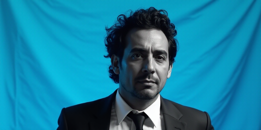 a man in a tie is on a blue background with a black and white photo of him and the caption reads, ro