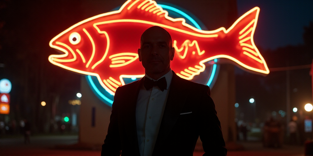a man in a tuxedo standing in front of a lit up sign with a fish on it, Christo, filmic, a photo, ne
