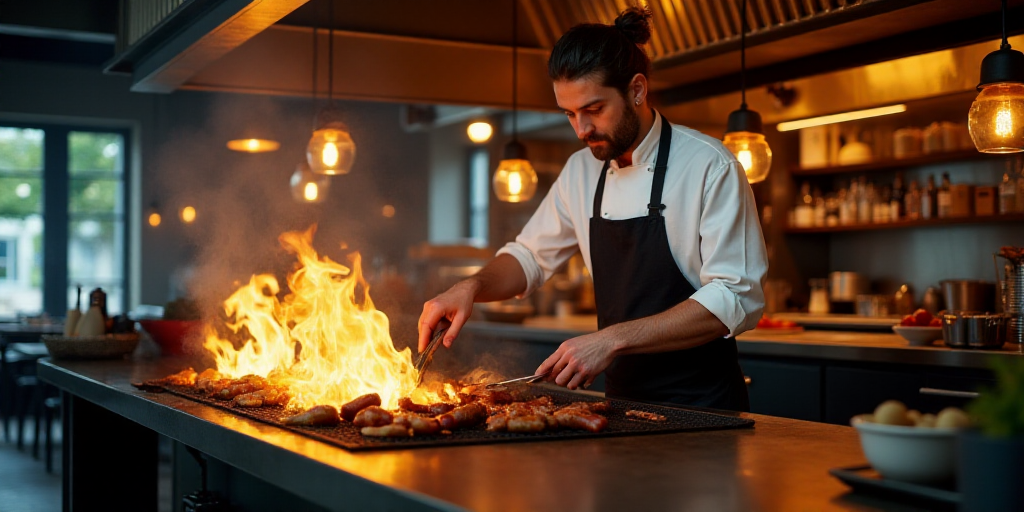 a man in a white coat is cooking on a grill with flames in the kitchen area of a restaurant, Artur G
