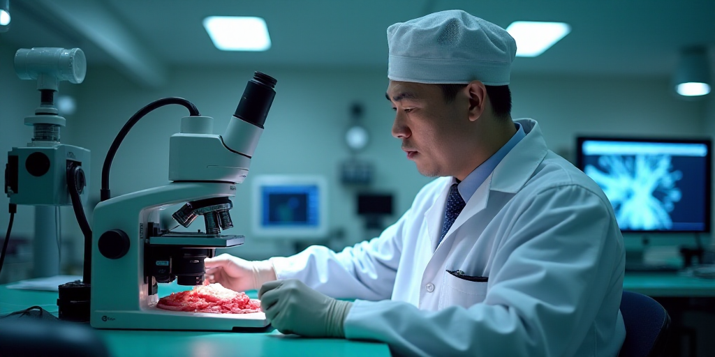 a man in a white lab coat and a white hat is working on a machine in a lab area, Cao Zhibai, zeiss l