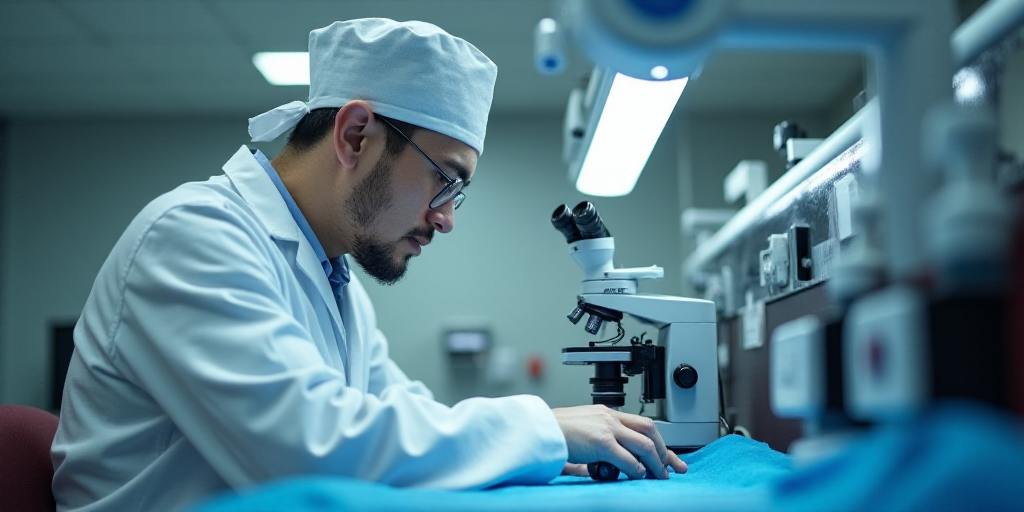 a man in a white lab coat and a white hat is working on a machine in a lab area, Cao Zhibai, zeiss l
