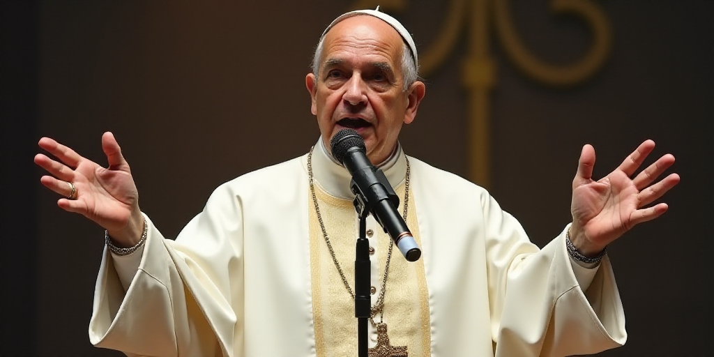 a man in a white priest outfit is holding his hands out and a microphone is in front of him, Bernie