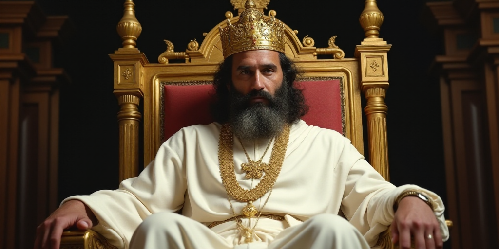 a man in a white robe and a gold crown on his head is sitting in a chair with a gold frame, Dionisiu