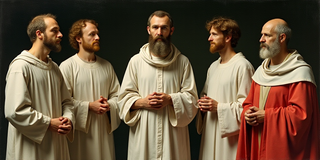 a man in a white robe standing next to two other men in white robes and one man in a red and white r