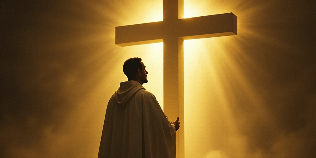 a man in a white robe standing in front of a cross and a light shining on him from behind, Fra Angel