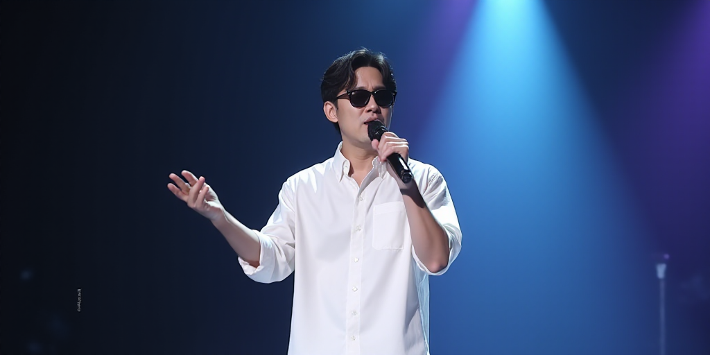 a man in a white shirt and sunglasses on a stage with a microphone and a microphone in his hand, Bia