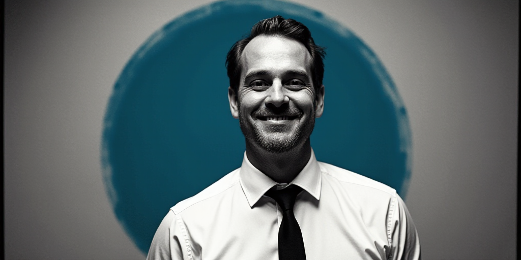 a man in a white shirt and tie is smiling for the camera with a black and white background and a blu