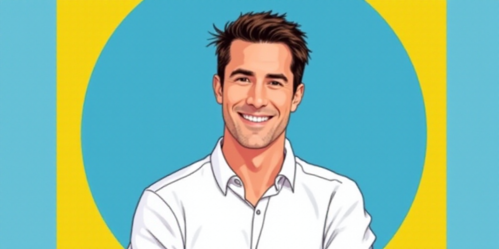 a man in a white shirt is smiling for a picture with a blue background and a yellow border around hi