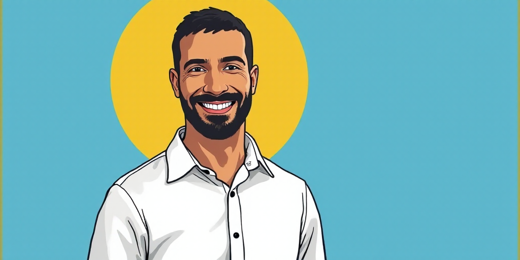 a man in a white shirt is smiling for a picture with a blue background and a yellow border around hi