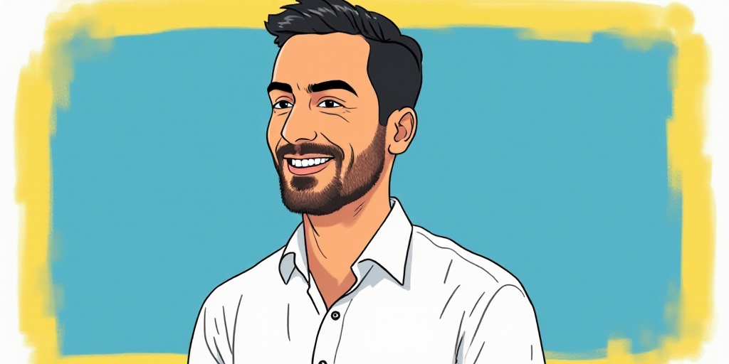 a man in a white shirt is smiling for a picture with a blue background and a yellow border around hi