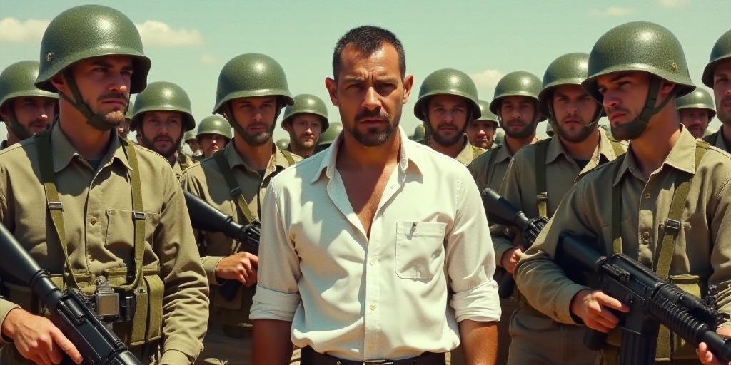 a man in a white shirt is surrounded by military men in camouflage gear and helmets and holding a gu