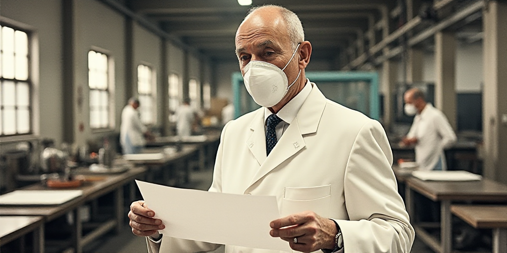 a man in a white suit and mask holding a piece of paper in a factory with other workers in the backg