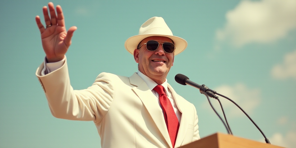 a man in a white suit and sunglasses waves from a podium while wearing a white hat and sunglasses an
