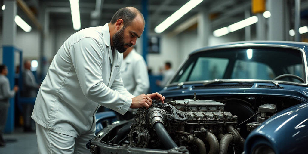 a man in a white suit working on a car engine in a factory with other workers nearby and a machine i