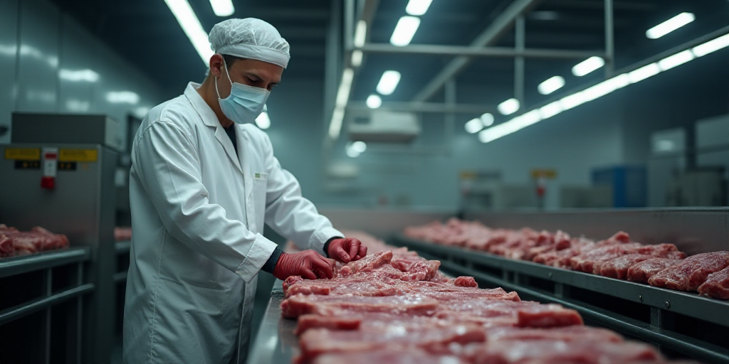 a man in a white uniform and a white mask is working on a line of meat in a warehouse, Andries Stock