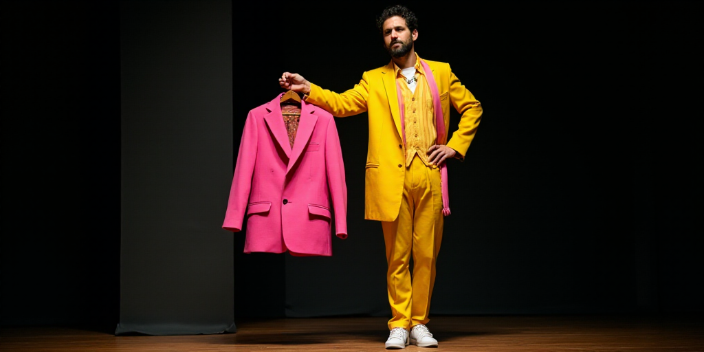 a man in a yellow and pink outfit holding a pink jacket on a stage with a black background and a bla