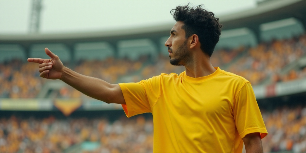 a man in a yellow shirt is holding his hand out to his side and pointing to the sideline, Estuardo M