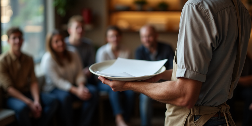 a man in an apron holding a plate with a piece of paper on it in front of a group of people, Bourgeo