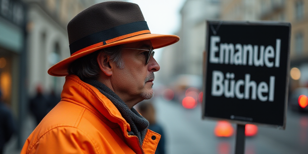 a man in an orange and black hat and a black and white sign and a black and orange hat, Emanuel Büc
