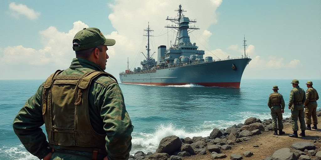 a man in camouflage standing in front of a large ship on the water with other men nearby in uniform,