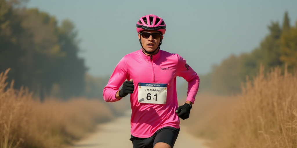 a man in pink is running in a race with a helmet on and a pink shirt on and a pink bib, Bian Jingzha