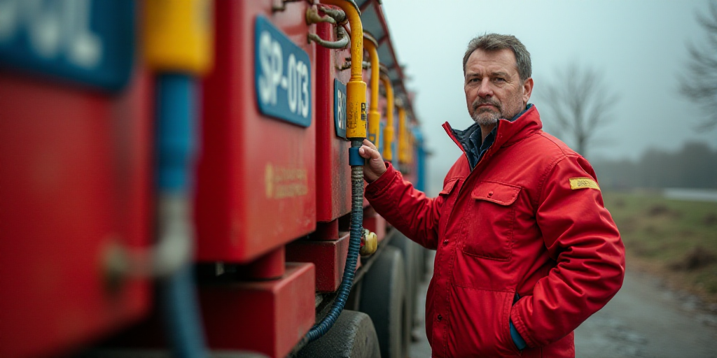 a man in red is standing next to a red and yellow rig with a yellow and blue handle and a yellow and