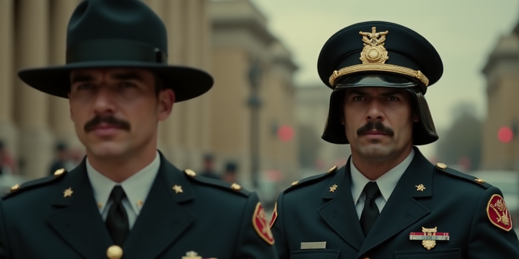 a man in uniform is being escorted by a man in a helmet and uniform with a mustache and moustache, E